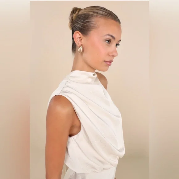 Greta Champagne Crinkle Satin Mock Neck Sleeveless Midi Dress Bridal Rehearsal - Picture 3 of 4